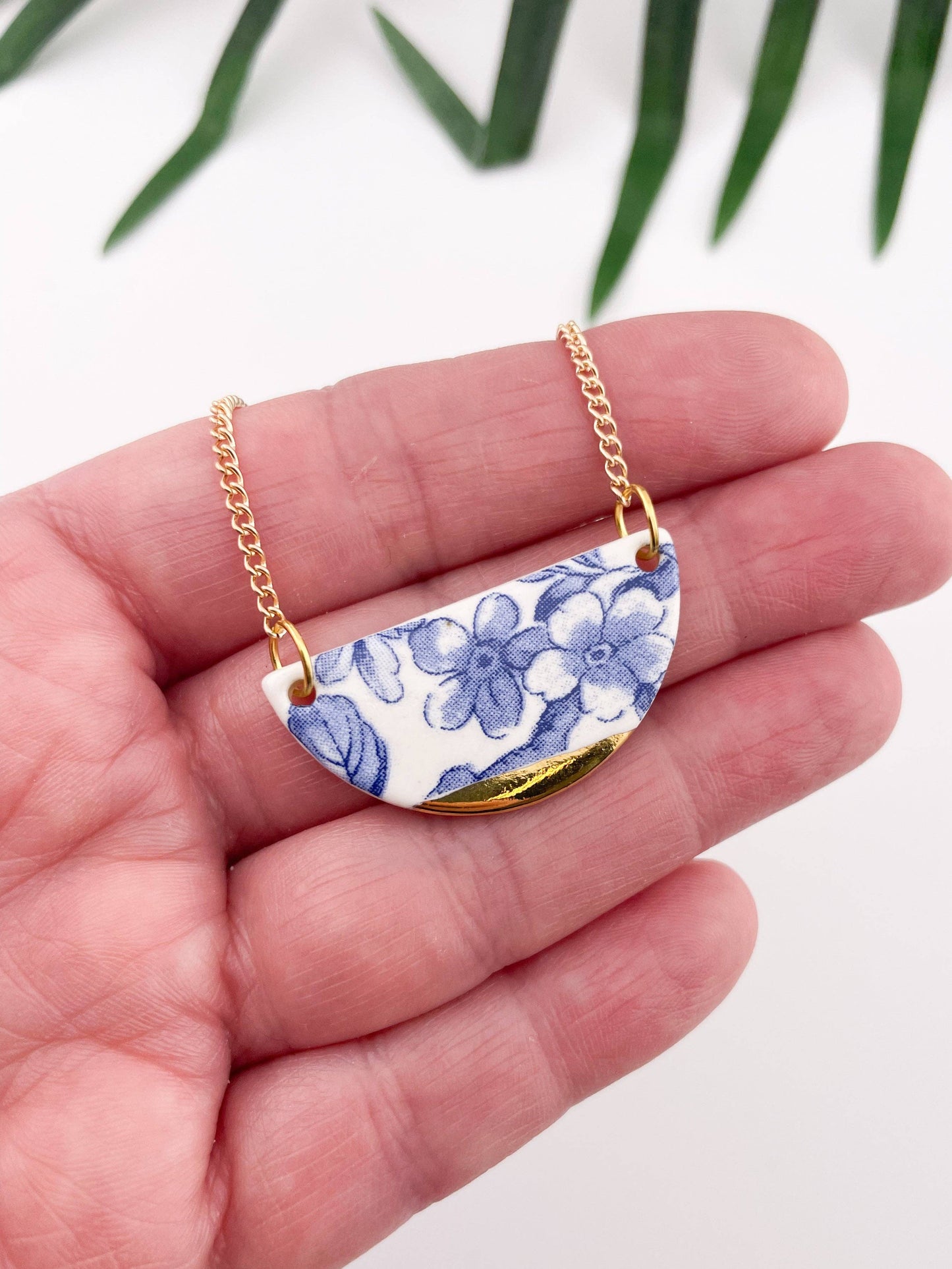 Blue China Semi Circle Pendant necklace with gold tip
