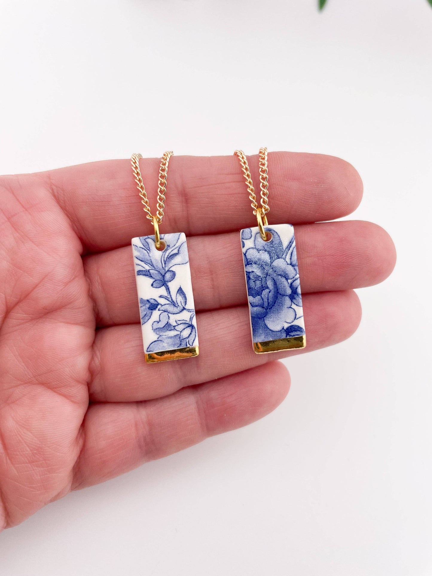 Blue China Wide Rectangle Pendant necklace with gold tip