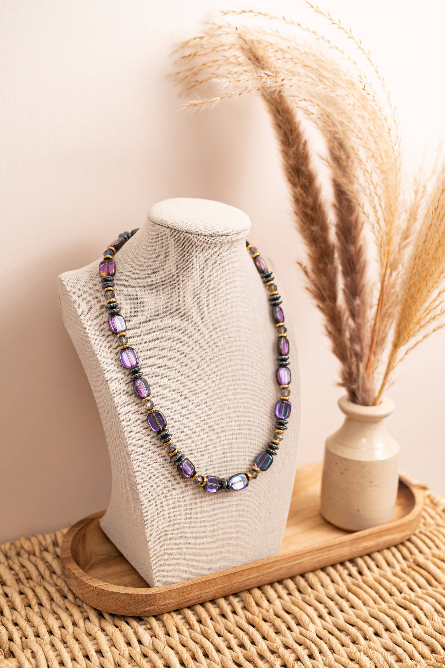 Gist Hematite, Glass & crystal coloured necklace in purple and gunmetal