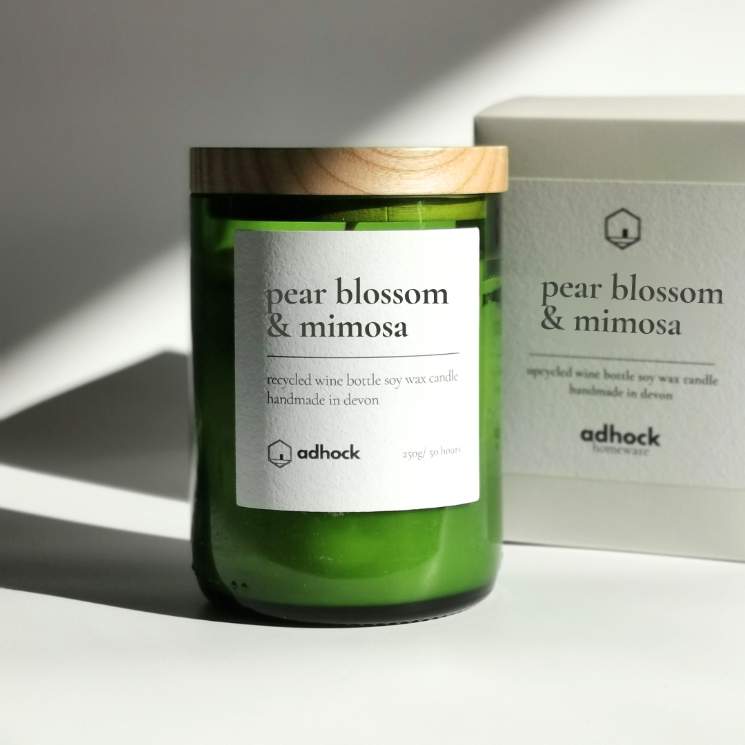 Upcycled Wine Bottle Candle - Pear Blossom & Mimosa: Green