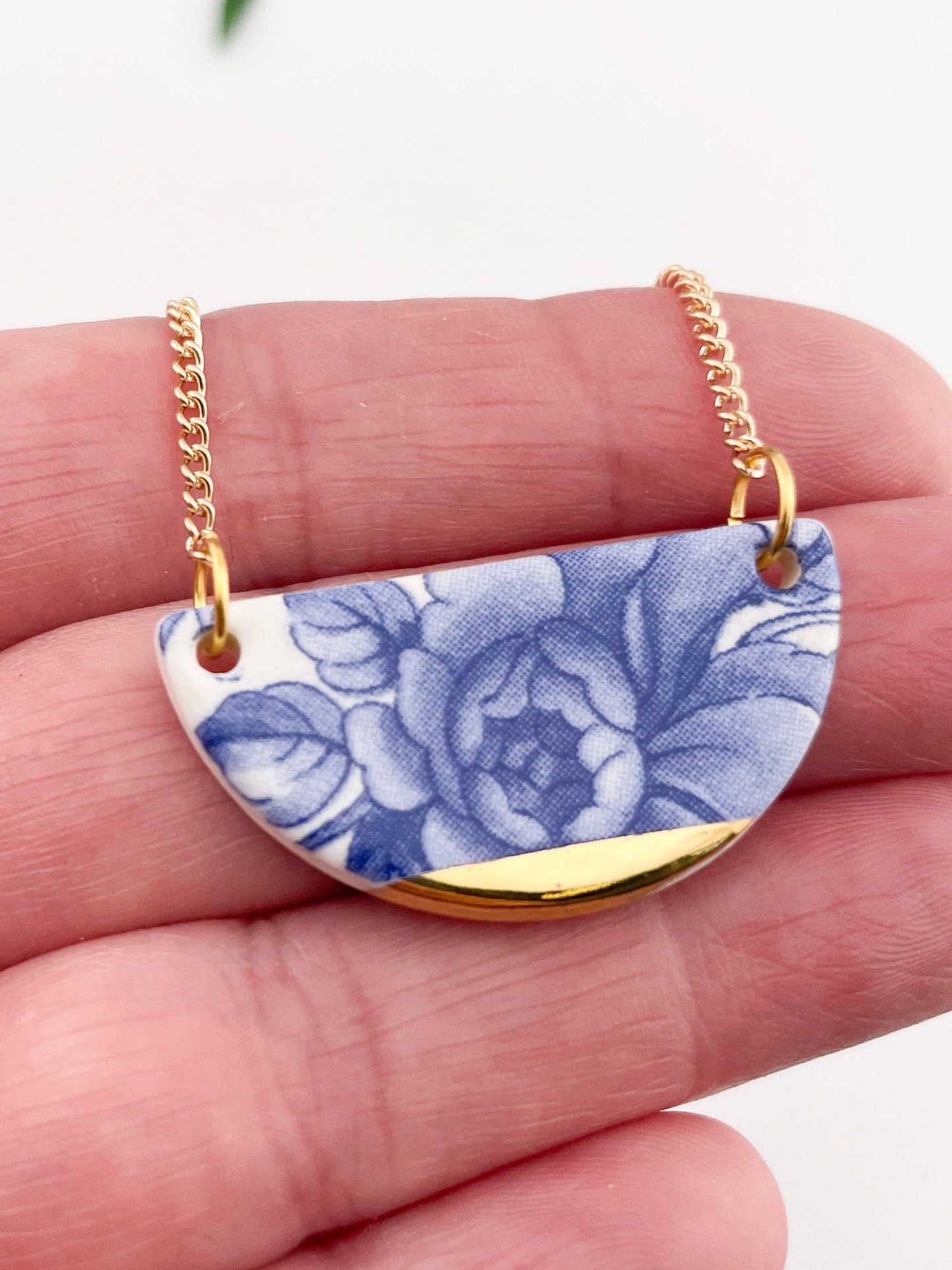 Blue China Semi Circle Pendant necklace with gold tip