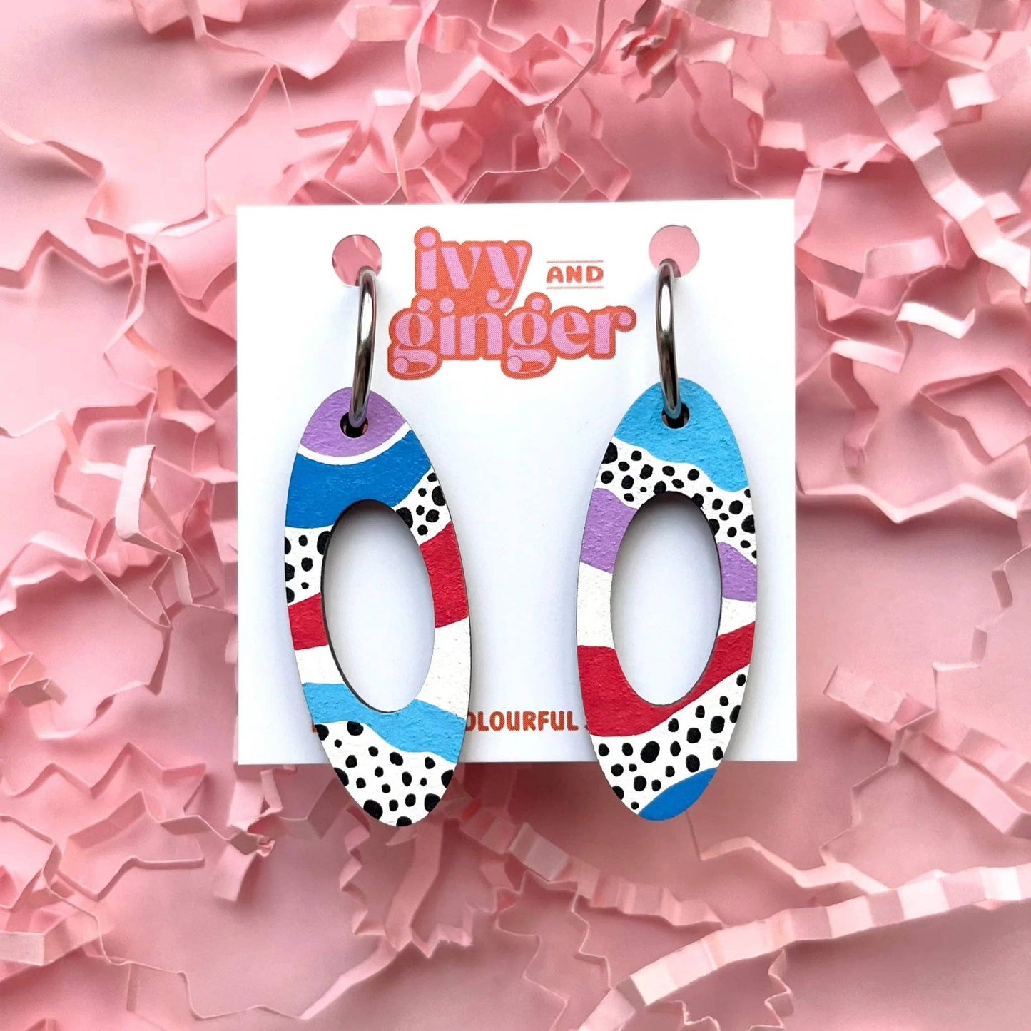 Ivy and Ginger - Hand painted fun wavy abstract oval hoop dangle earrings