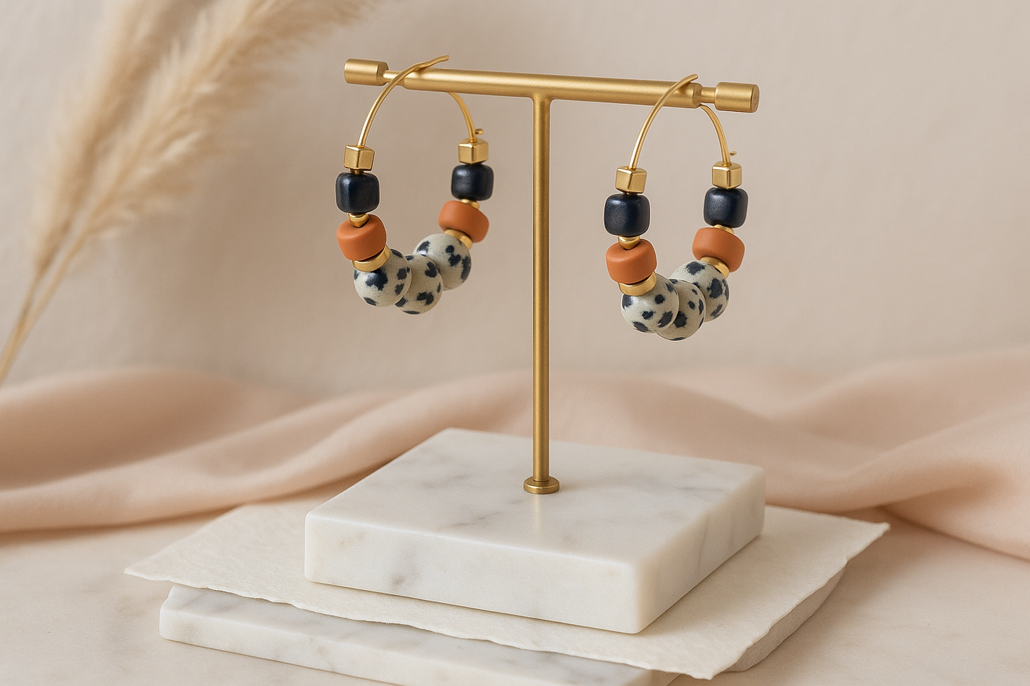 Gist Dalmatian Jasper & Sandstone barrel Hoop Earrings