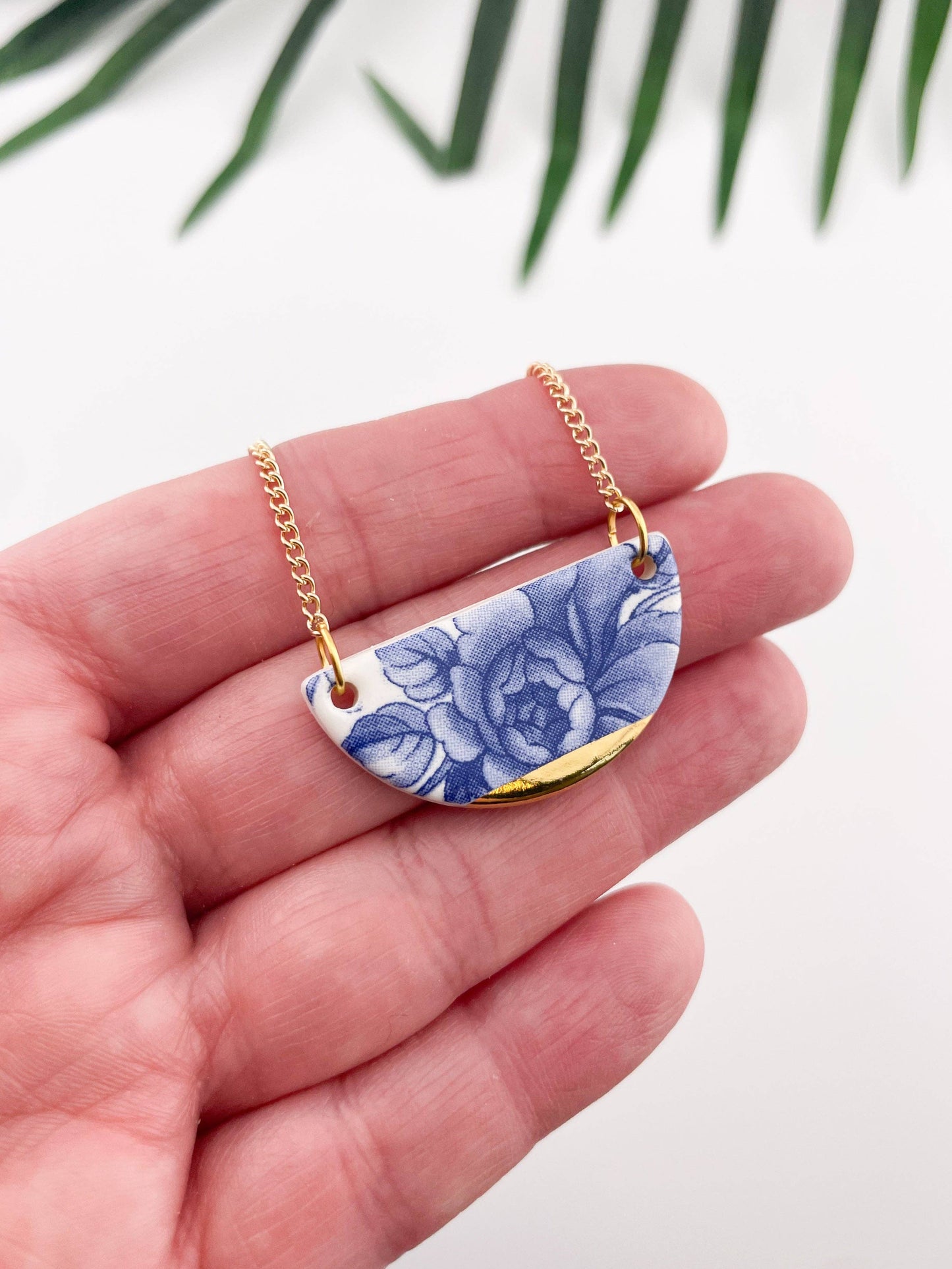 Blue China Semi Circle Pendant necklace with gold tip