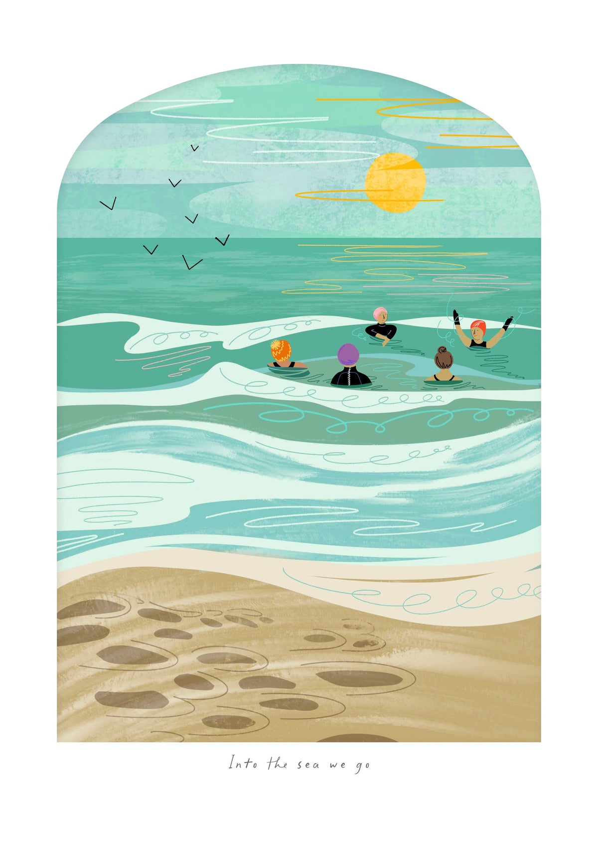 Into the Sea We Go | A4 Coastal Art Print | Wild Swimming