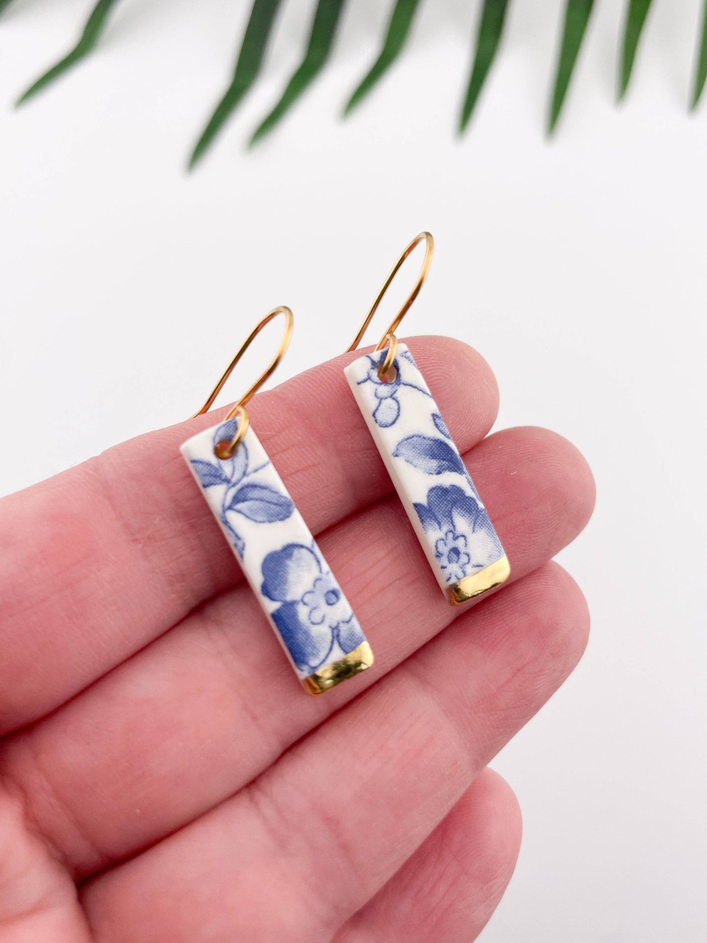 Blue China Slim Rectangle Dangle earrings with gold tips