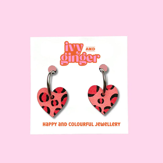 Deep Pink and Red Leopard Print Small Heart Hoop Earrings