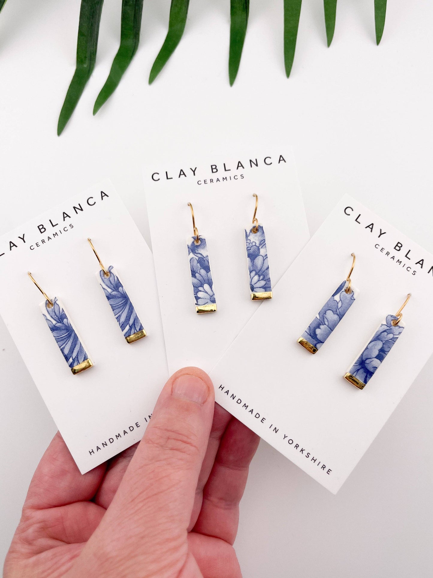 Blue China Slim Rectangle Dangle earrings with gold tips