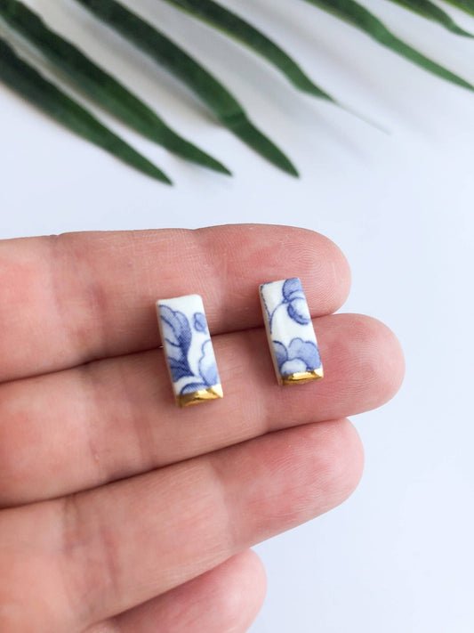Blue China Stick Rectangle Stud earrings with gold tips