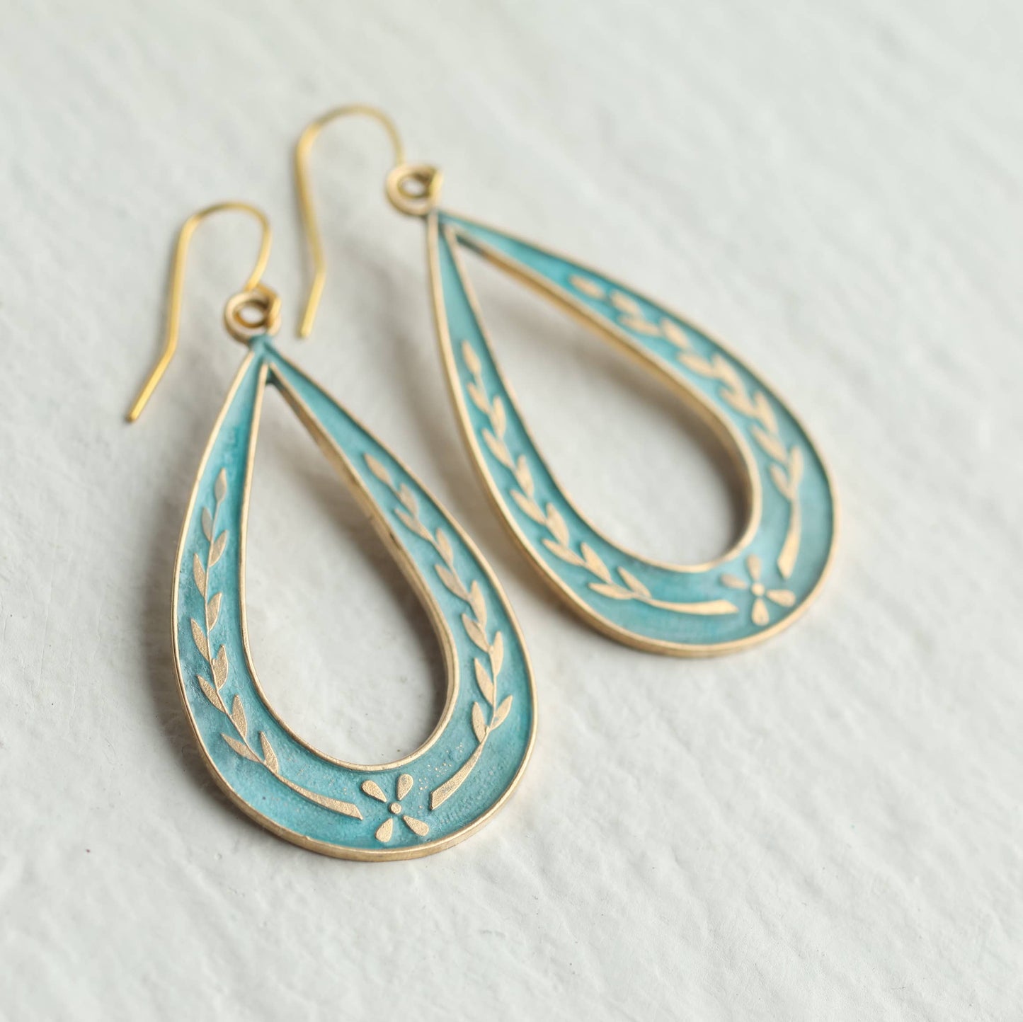 Art Nouveau Floral Sprig Hoop Earrings: Olive Green
