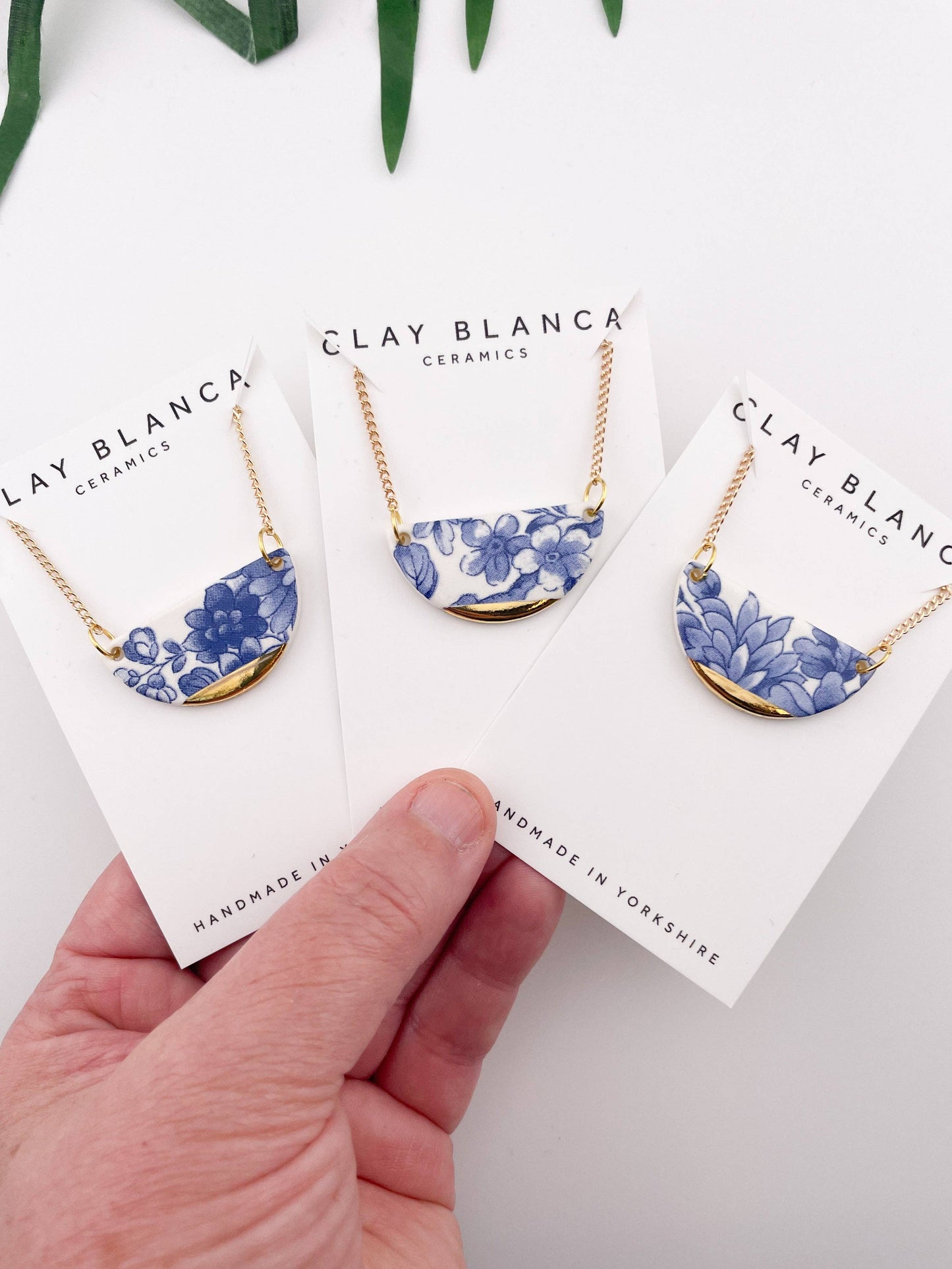 Blue China Semi Circle Pendant necklace with gold tip
